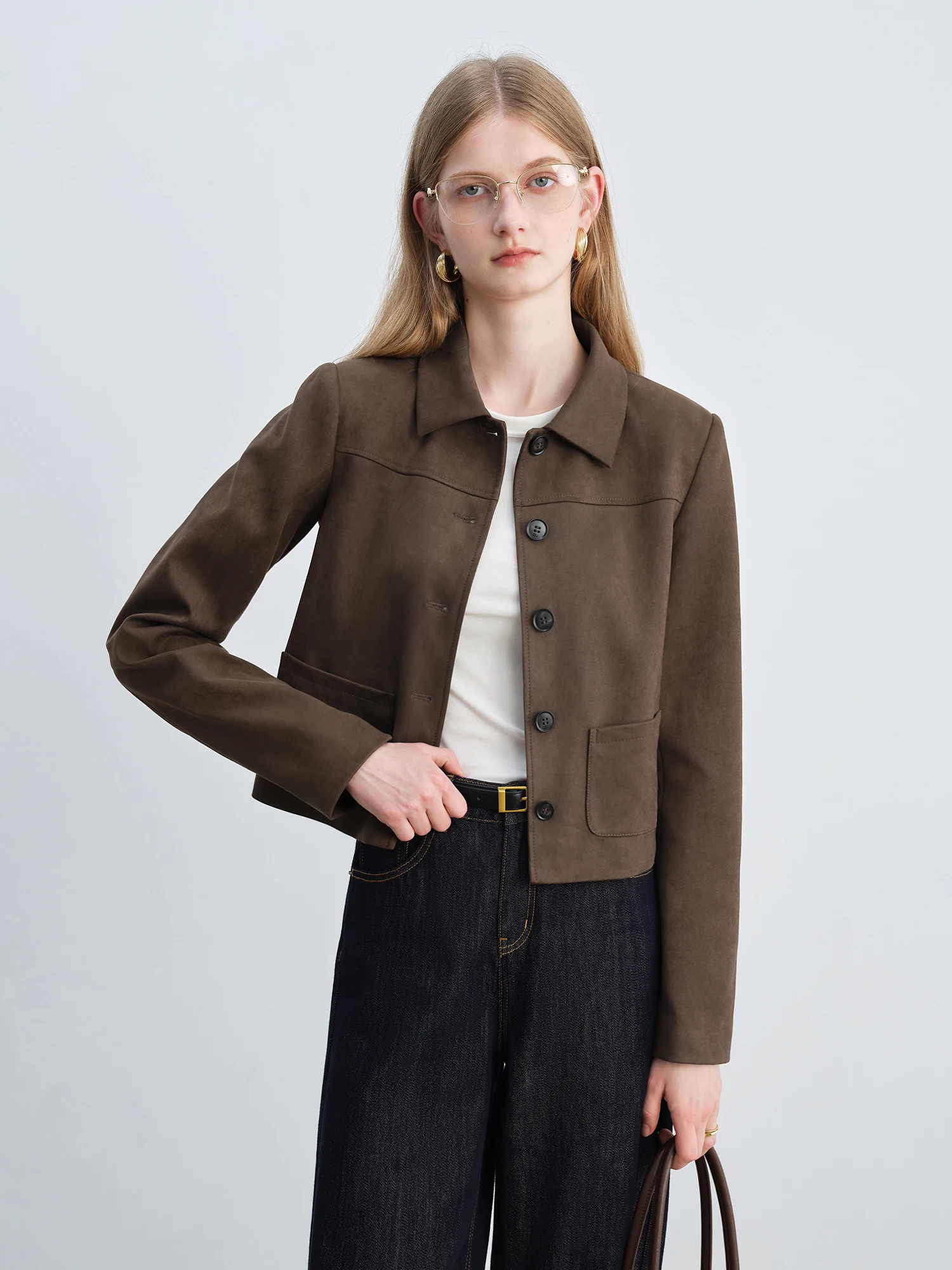 Women's Petite Faux Suede Jacket - Vintage Short Lapel Autumn Coat - Image 3