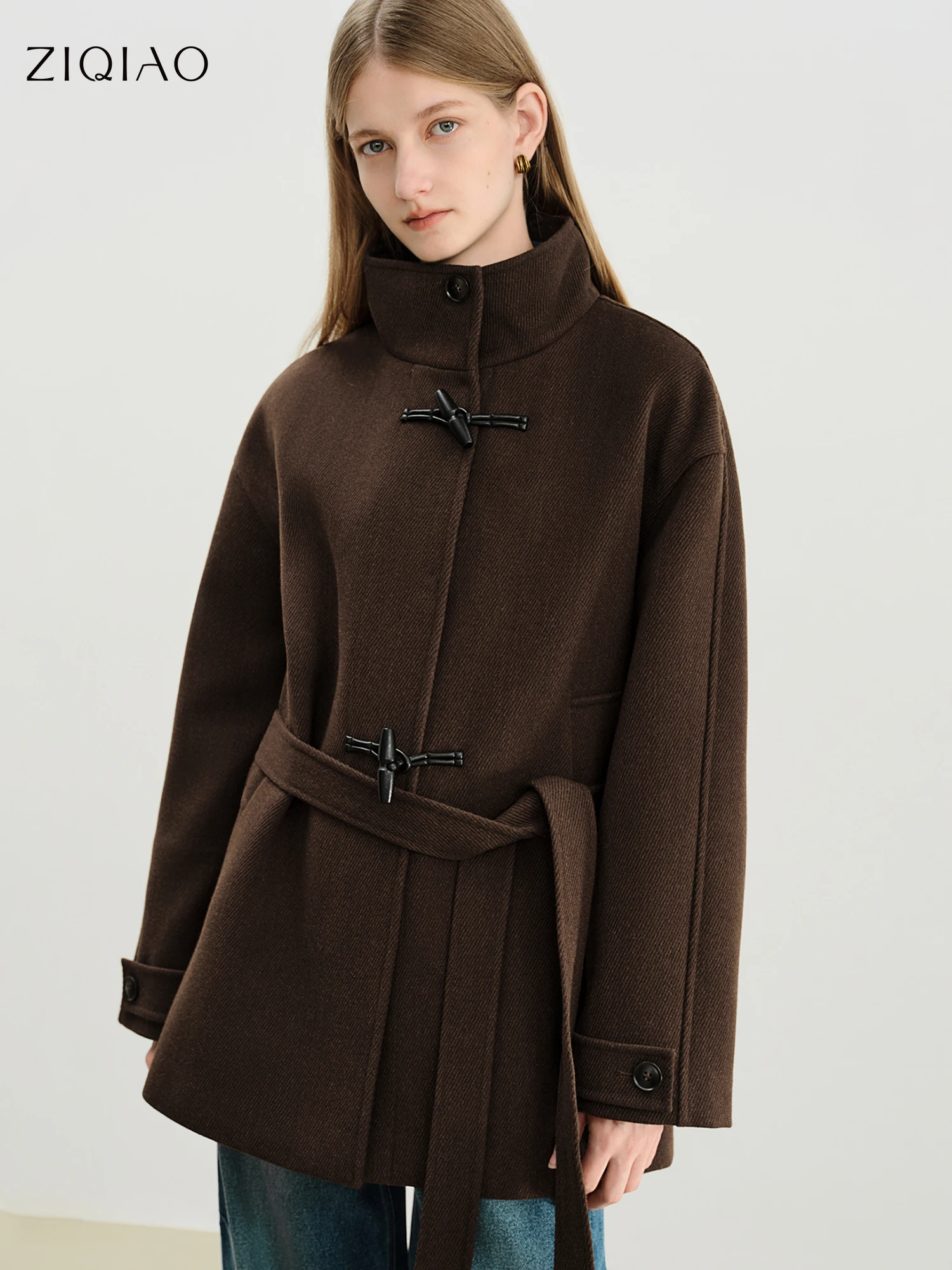 ZIQIAO Women's Retro Cropped Horn Button Coat - Korean Winter Jacket
