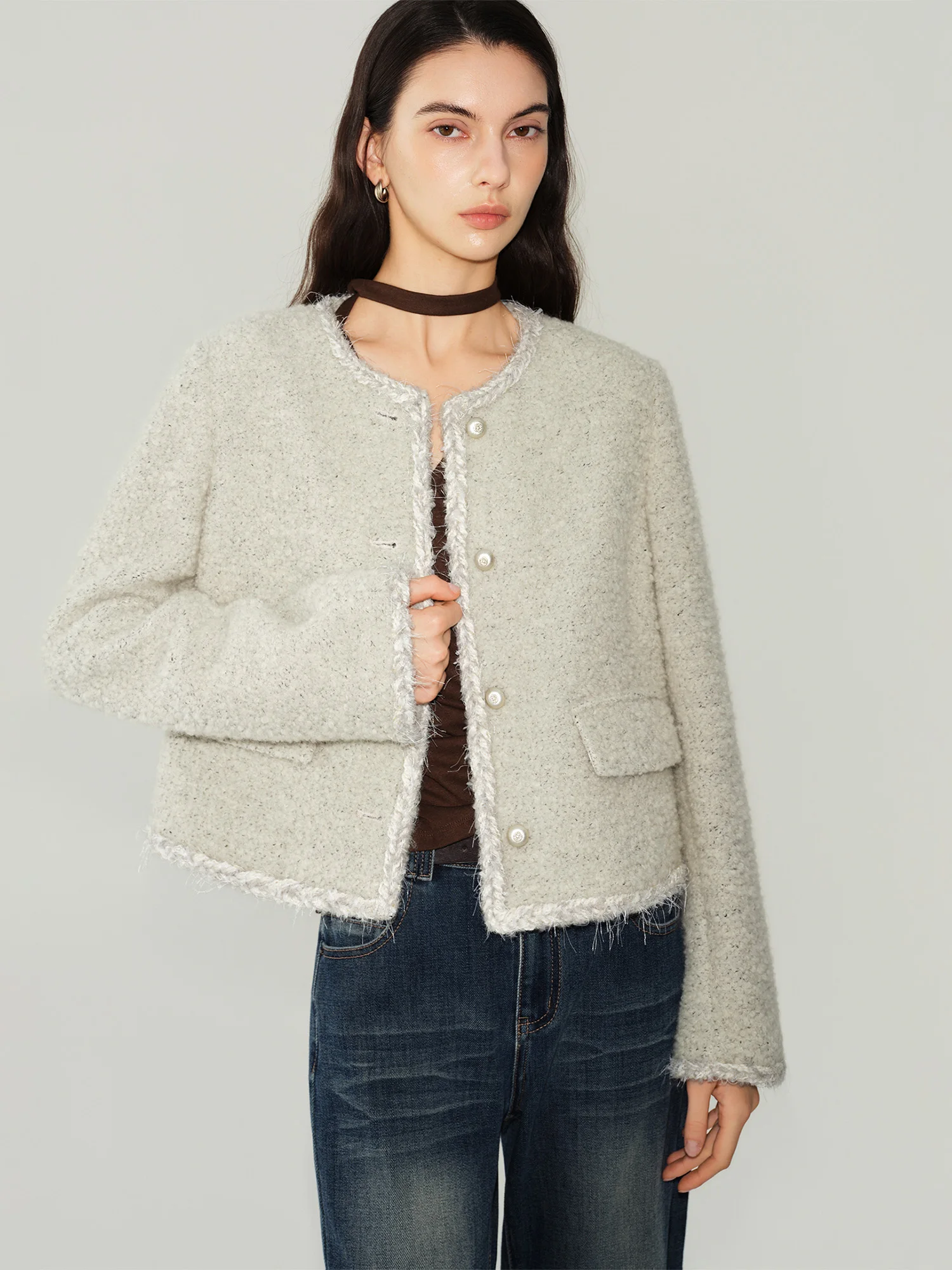 French Style Cotton Wool Short Coat - Elegant Silver Winter Jacket - Image 2