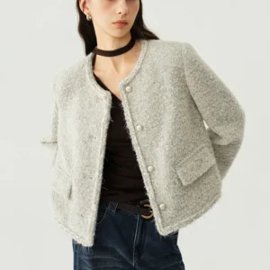 French Style Cotton Wool Short Coat - Elegant Silver Winter Jacket