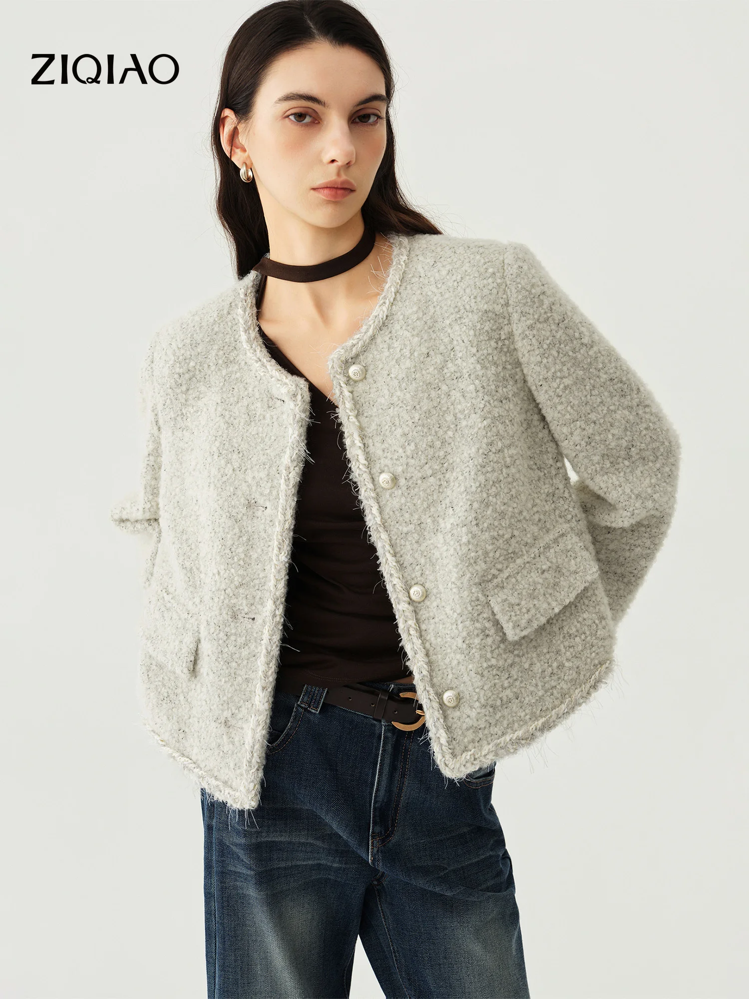 French Style Cotton Wool Short Coat - Elegant Silver Winter Jacket